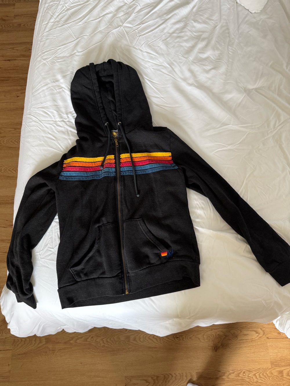 Aviator Nation Black Zip Hoodie with Rainbow Chest Stripes